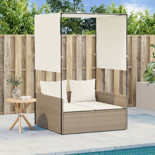 Vidaxl Chaise Longue Double Avec Toit Et Rideaux Beige Résine Tressée
