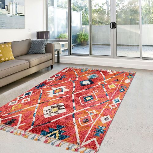 Tapis Berbère 40x60 Tissé Motifs Tribaux Lyn5 Ourika Bleu Et Jaune