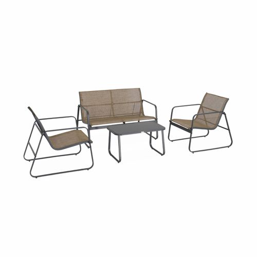 Salon De Jardin En Métal  Et Textilène Pour 4 Personnes. Anthracite Et Naturel. Design