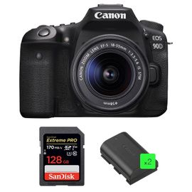 Canon EOS 90D + 18-55mm IS STM + SanDisk 128GB Extreme PRO UHS-I SDXC 170 MB/s + 2 Canon LP-E6N | Garantie 2 ans