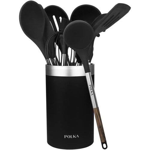 Subzonal-Ustensiles De Cuisine En Silicone Polka Excellence Force. Set De 9 Pièces Noir, Revêtement Soft Touch Et Manche Effet Bois. Matériaux : Silicone, Nylon Et Pp, Inclut Holder Polka