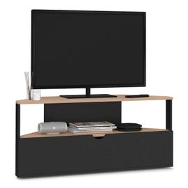 Meuble Tv 100 Cm D'angle Eli Bois Façon Hêtre Et Noir
