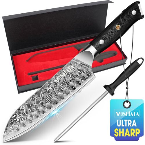 Jexnovashop-Couteau Santoku Damas 7 Pouces, Couteau Damas, Couteau Japonais, Couteau De Chef Tranchant, Couteau À Viande Professionnel, Avec Protection Des Doigts, Aiguiseur De Couteaux, En Cadeau