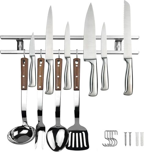 Barre Magnétique Pour Couteaux Avec Double Couche, Porte-Couteaux Magnétique De 40 Cm, Porte-Couteaux Mural Avec 4 Crochets, Porte-Couteaux Magnétique Pour Couteaux De Cuisine