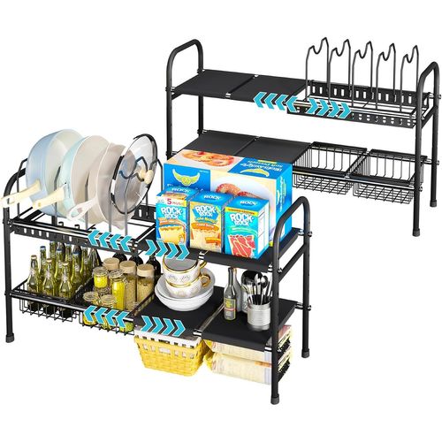 Lot De 2 Étagères De Cuisine Extensibles,Organisateur Modulaire Pour Placard,Sous-Évier & Plan De Travail,Largeur (48-88 Cm) & Hauteur Réglable,Avec 2 Porte-Couvercles & 4 Paniers,Noir