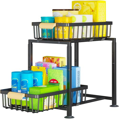 Rangement Sous Évier Avec 2 Paniers Coulissants & Poignées En Bois,Tiroir Coulissant Cuisine,Organisateur 2 Niveaux Pour Plan De Travail,À Épices,Hauteur Réglable,Noir