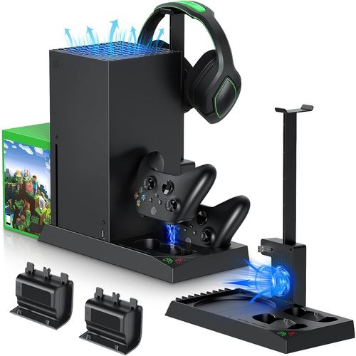 Support De Chargement Avec Ventilateur De Refroidissement Pour Xbox Series X Console & Manette,Station De Chargement Verticale Avec 2 X 1400Mah Batterie Rechargeable Et Couvercle De Rangement