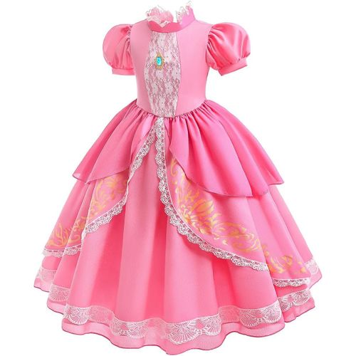 Princesse Peach Déguisement Avec Couronne Fille Dress Up Princesse Pêche Rose Robe De Soirée Cosplay Halloween Costume Anniversaire Fête Noël Carnaval Fancy Robe Pour Enfant Taille 3-10 Ans