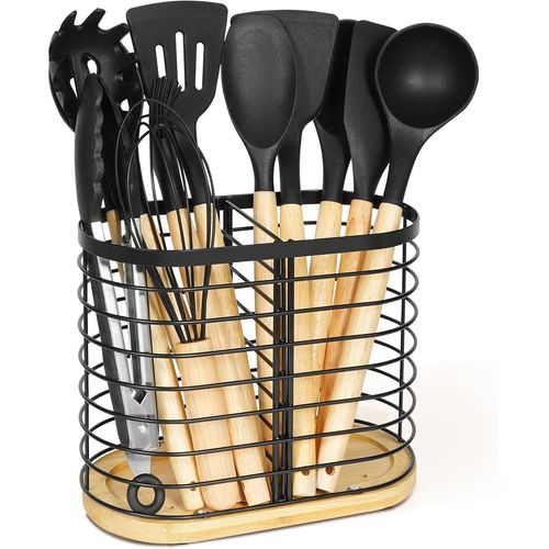 Porte-Ustensiles Pour Comptoir De Cuisine,Plan De Travail De Cuisine,Grand Bol À Ustensiles En Acier Inoxydable Noir Avec Base En Bois,2 Compartiments Pour Ustensiles De Cuisine,Noir