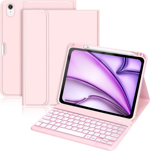 Étui avec clavier pour iPad Air 11"" 2025 2024 M3/M2/iPad Air 5/4 génération 10,9"" (2022/2020), 7 couleurs éclairées avec clavier amovible, coque arrière en TPU avec porte-stylo, rose clair