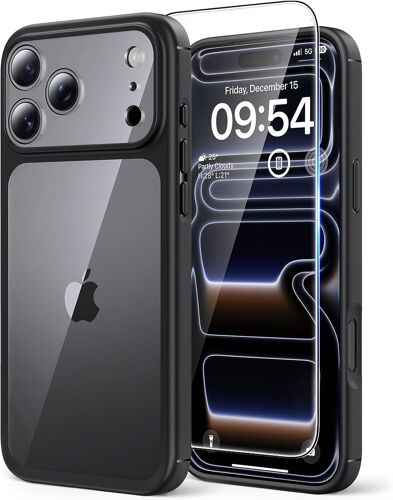 NSIECD-Coque pour iPhone 17 Pro Max avec Verre Trempé,Protection Totale de la Caméra, Protection Militaire, Coque Bumper Transparente Antichoc - Noir