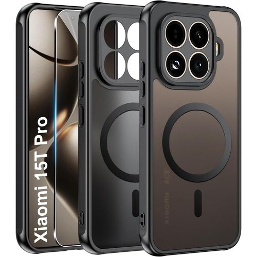 Magnétique Coque Pour Xiaomi Mi 15T Pro 5G Case Avec Magsafe Avec Verre Trempé Protection Écran Anti-Chute Silicone Souple + Pc Givré Coque, Etui Translucide Mat Arrière Housse Antichoc