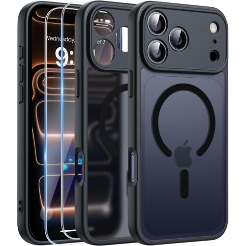 JGD-Magnétique Coque pour iPhone 17 Pro Max avec 2 Verre Trempé, Compatible avec MagSafe, Protection d'objectif Tout Compris, Etui Translucide Mat Arrière Housse Antichoc Case 17 Pro Max 6.9"", Noir