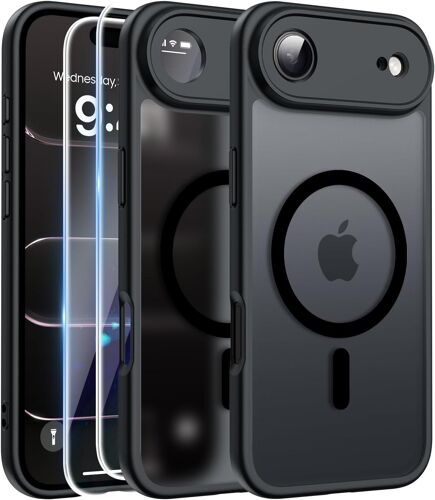 Magnétique Coque pour iPhone Air avec 2 Verre Trempé, Compatible avec MagSafe, Protection d'objectif Tout Compris, Etui Translucide Mat Arrière Housse Antichoc Case iPhone Air 6.5"", Noir