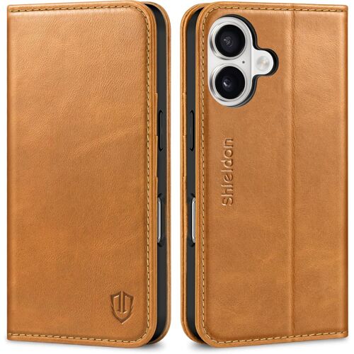 Coque Cuir Véritable pour iPhone 17 6,3 Pouces 5G 2025, Housse Etui Portefeuille, Rangements Cartes, RFID Blocage, Anti-Choc Protection, Fonction Stand - Brun Clair Rétro