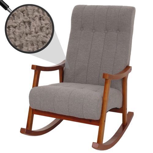 Fauteuil À Bascule Hwc-K10, Fauteuil De Relaxation, Bois Mvg Tissu/Textile Bouclé (450g/M²)   Gris, Structure Aspect Noyer