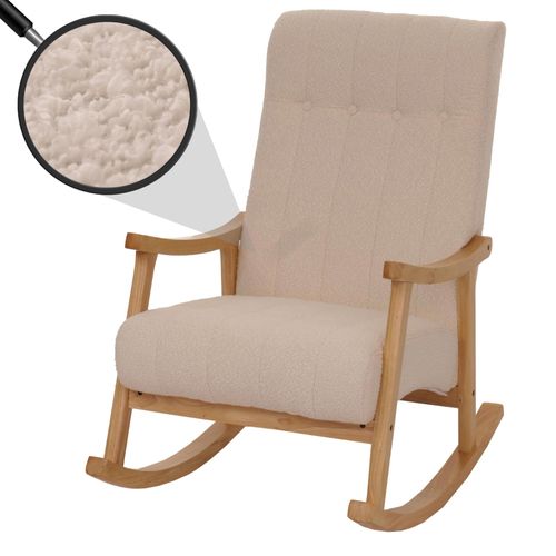 Fauteuil À Bascule Hwc-K10, Fauteuil Relax, Bois Mvg Tissu/Textile Bouclé (450g/M²)   Beige, Piètement Naturel