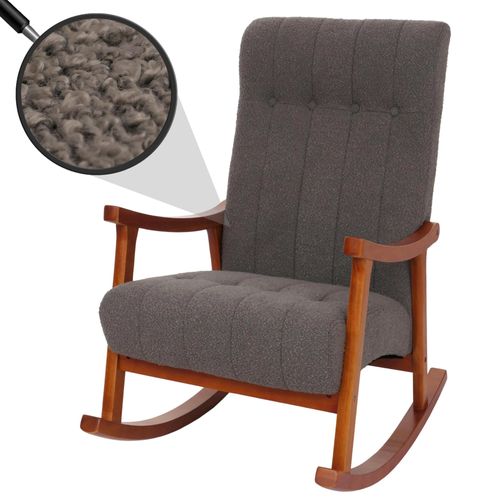Fauteuil À Bascule Hwc-K10, Fauteuil De Relaxation, Bois Mvg Tissu/Textile Bouclé (450g/M²)   Gris Foncé, Structure Aspect Noyer