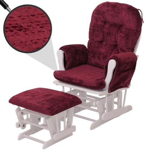 Fauteuil Relax Hwc-C76, Fauteuil À Bascule Fauteuil À Bascule Avec Pouf Tissu/Textile Chenille (465g/M²)   Bordeaux, Piètement Blanc
