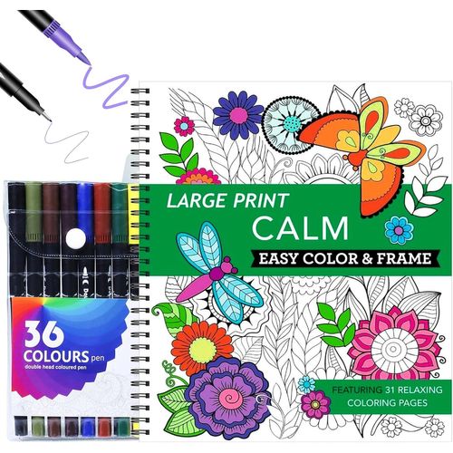 KALANKA-Livre de coloriage pour adultes avec 36 marqueurs, 31 motifs apaisants, cadeau anti-stress créatif Mandala Fleurs Animaux, kit DIY relaxation