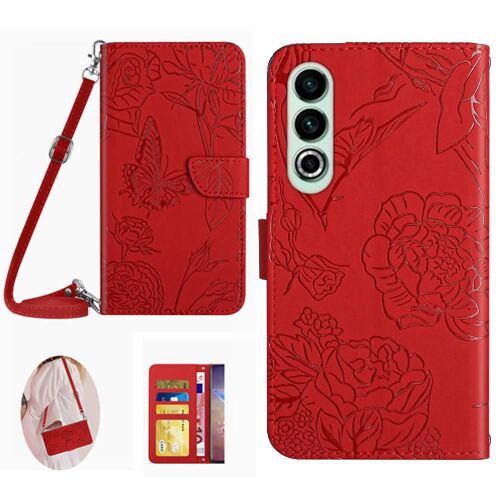 Flip Étui Pour Oneplus Nord Ce4 Avec Porte-Carte Et Longue Sangle Cuir Pu Doux Portefeuille En Cuir Papillons Et Fleurs - Rouge