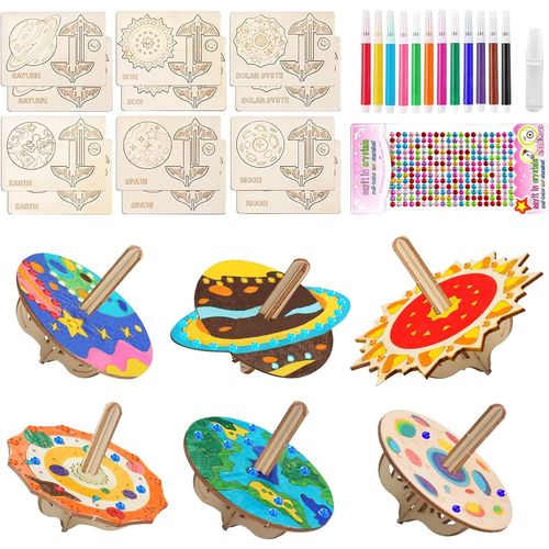 KALANKA-12 Pièces Toupie en Bois,Gyroscope Planétaire, Bricolage en Toupie Bois, Kit de Bricolage Peinture pour Enfants 4-9 Garçons Filles (STYLE1)