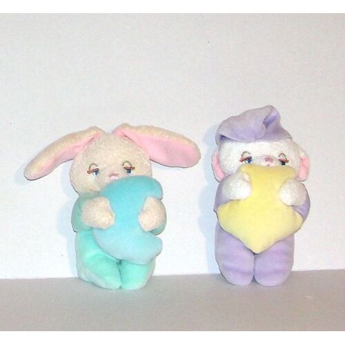 Lapin Vert Demi Lune Bleu Et Agneau Mauve Etoile Jaune Lot De 2 Mini Doudou Fisher Price 14cm 2001