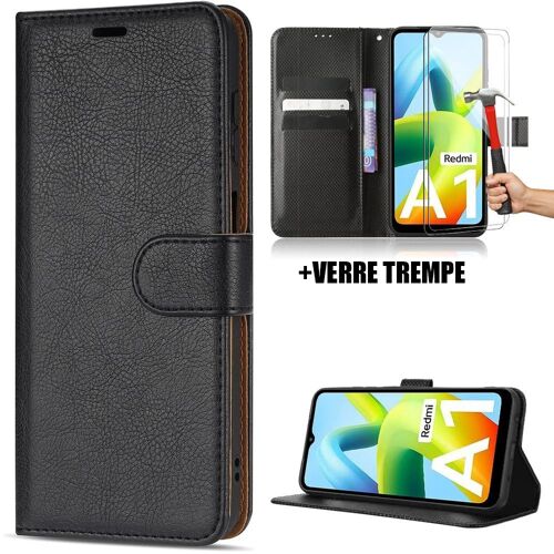 Lot de 2 Verres Trempés+ Coque pour Xiaomi Redmi A1 Intégrale Anti-Rayure Effet Cuir Noir - E.F.Connection