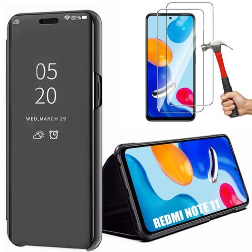 Coque pour Xiaomi Redmi Note 11/11S + 2 Verres Trempés. Smart Case Effet Miroir Protection Noir - E.F.Connection