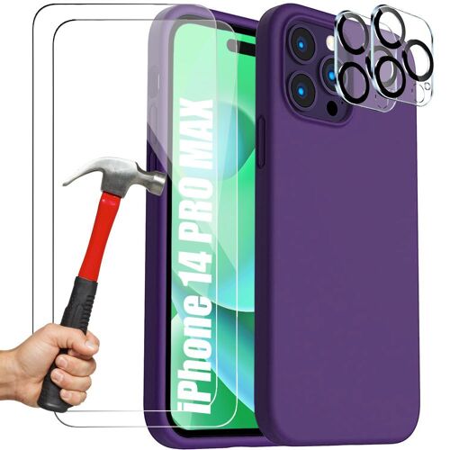 Coque pour iPhone 14 Pro Max Silicone Violet Foncé + 2 Verres Trempés et 2 Vitres Objectif Arrière - E.F.Connection