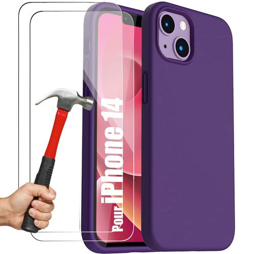 Coque Pour Iphone 14 Silicone Violet Foncé Et 2 Verres Trempés Protection - E.F.Connection