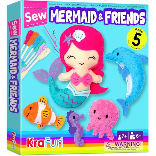KALANKA-Kit de Couture Sirène pour Enfants dès 7 Ans, 5 Poupées en Peluche (Sirène, Dauphin, Hippocampe, Poisson Clown, Pieuvre), Feutre, Instructions, Jouet Éducatif