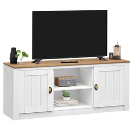 Meuble Tv Bolton Banc Tv De 138 Cm, Avec Rangement 2 Portes Et 2 Niches, En Pin Massif Lasuré Blanc Et Brun