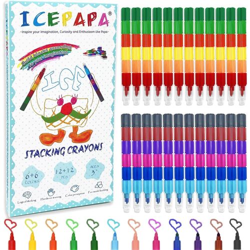 , Lot De 24 Crayons De Cire Empilables Pour Enfants \U2013 12 Couleurs Au Total \U2013 Idéal Pour Les Fêtes D'anniversaire Pour Les Invités