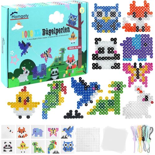 KALANKA-Lot de 1000 grandes perles à repasser de 10 mm avec plaque enfichable, 10 motifs d'animaux, 10 pendentifs et 3 papiers à repasser, kit créatif de perles pour le bricolage, l'artisanat pour