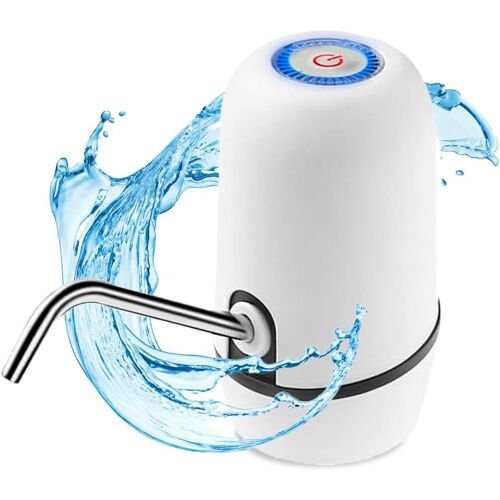 NK Distributeur d'eau en Bouteille Automatique - Chargeur USB, en Acier, sans BPA, Eau Froide, 1200mAh, Carafes et Bouteilles 1.5L, 5.7L, 10L, 11.3L, 15L, 18.9L, Blanche (2 Adaptateurs 3.8 &amp; 4.8cm)