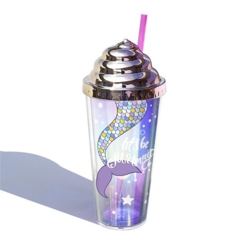 Gobelet d'été en paille réutilisable sans BPA, joli gobelet isolé avec motifs de sirène, avec couvercle étanche, écologique