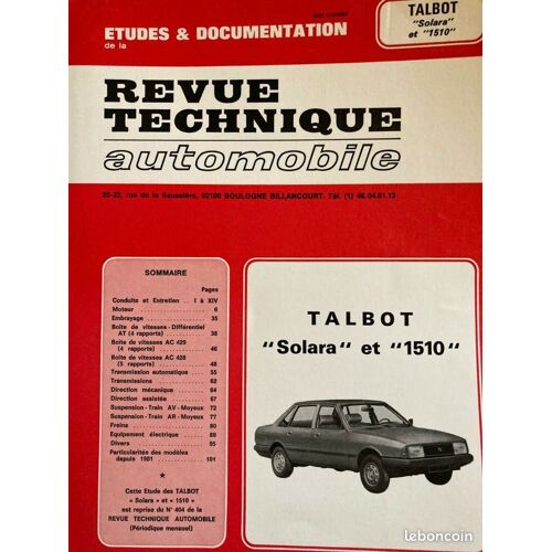 Revue Technique Automobile Talbot Solara Et 1510