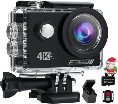 Mevronisshop-Caméra Sport 4k60 Fps Avec 64gb Carte,131ft Camérasous Marine 48mp Caméra Étanche,Wifi Camera Casque Moto Avec Eis,Camérad'action Avec Télécommande,2 Batteries,Kit D'accessoire.