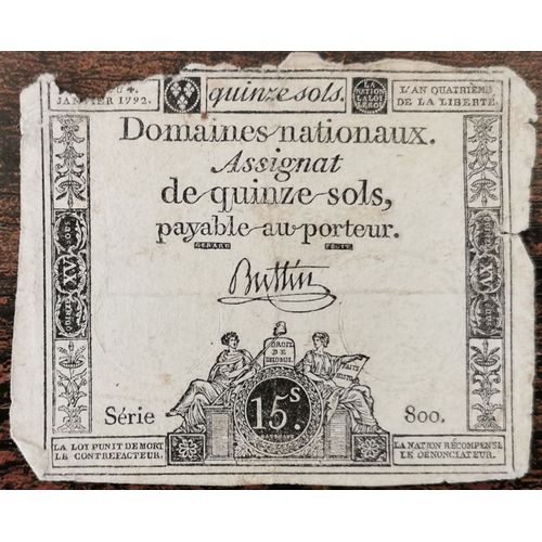 Assignat 15 Sols - L'an 4e De La Liberté - 4 Janvier 1792 - Série 800 - Buttin