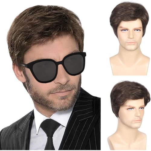 Kalanka-Brun Courte Perruque Pour Homme, Postiche Naturelle Moelleuse, Noir Couche Vague Perruques Pour Hommes Avec Frange Disco Perruque Punk Rock Halloween Cosplay Costume De Fête Quotidien (Brun)