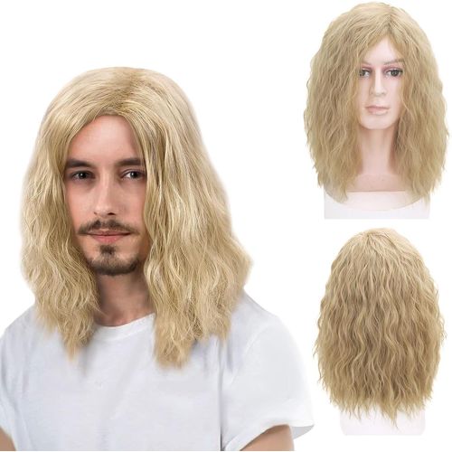 Kalanka-Perruque Longue Ondulées Blond Pour Hommes Fête Usage Quotidien Postiche, Punk Popstar Blond Perruque Hommes Partie Centrale Perruques De Cheveux Pour Halloween Carnaval Déguisement (Blond)