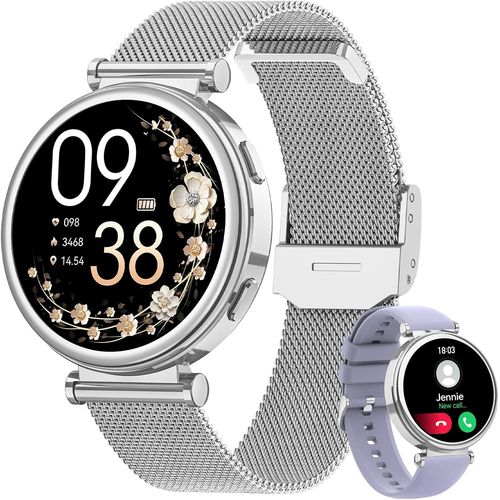 Montre Connectée Femme avec Appel Bluetooth, 1.27'' HD Smartwatch avec IP68 Étanche Sommeil/Fonction Féminine/Fréquence Cardiaque/SpO2 120+ Modes Sport, Podomètre Calories iOS Android, Argent