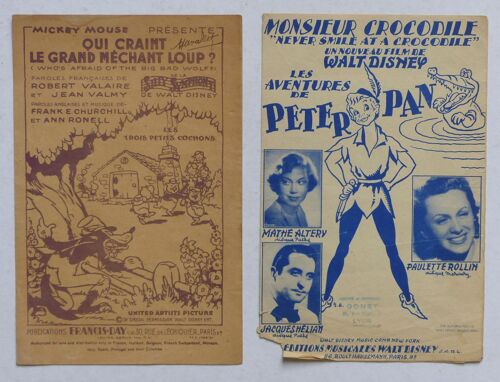 Lot De 2 Partitions Anciennes De Chansons Tirées De Films De Walt Disney: Monsieur Crocodile, Qui Craint Le Grand Méchant Loup? (Peter Pan, Les Trois Petits Cochons), Versions Bilingues