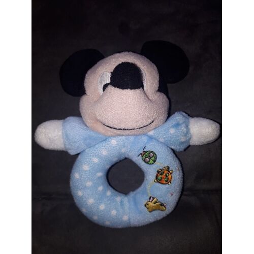 Doudou Hochet Mickey Lapin Tortue Coccinelle Grelot Bleu Pois