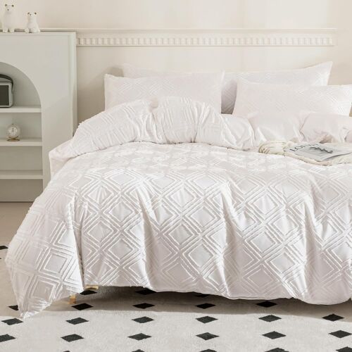 Sjzg-Parure De Lit 3 Pièces - Style Bohème - À Carreaux - En Microfibre De Polyester - 200 X 200 Cm - Blanc - Certifié Oeko-Tex - Avec Fermeture Éclair Et 2 Taies D'oreiller De 80 X 80 Cm - Avec