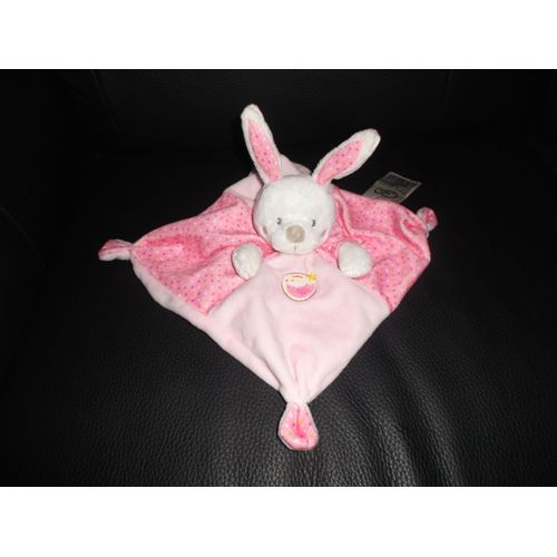 Doudou Plat Lapin Rose À Pois Imprimé Oiseau Mots D'enfants