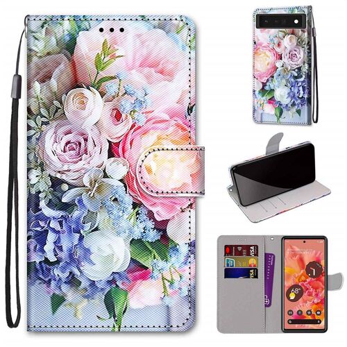 Saturcase Coque Pour Google Pixel 6, Beau Pu Cuir Magnétique Flip Portefeuille Support Porte-Carte Dragonne Protecteur Housse Étui Pour Google Pixel 6 (Dh-7)