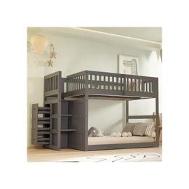 Lit Superposé Bas 140 X 200 Cm, Lit Superposé De Sécurité Avec Compartiment De Rangement, Gris