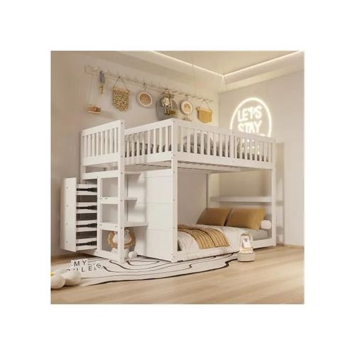 Lit Superposé Bas140 X 200 Cm, Lit Superposé De Sécurité Avec Compartiment De Rangement, Design Clôture Haute, Lit En Bois,Blanc